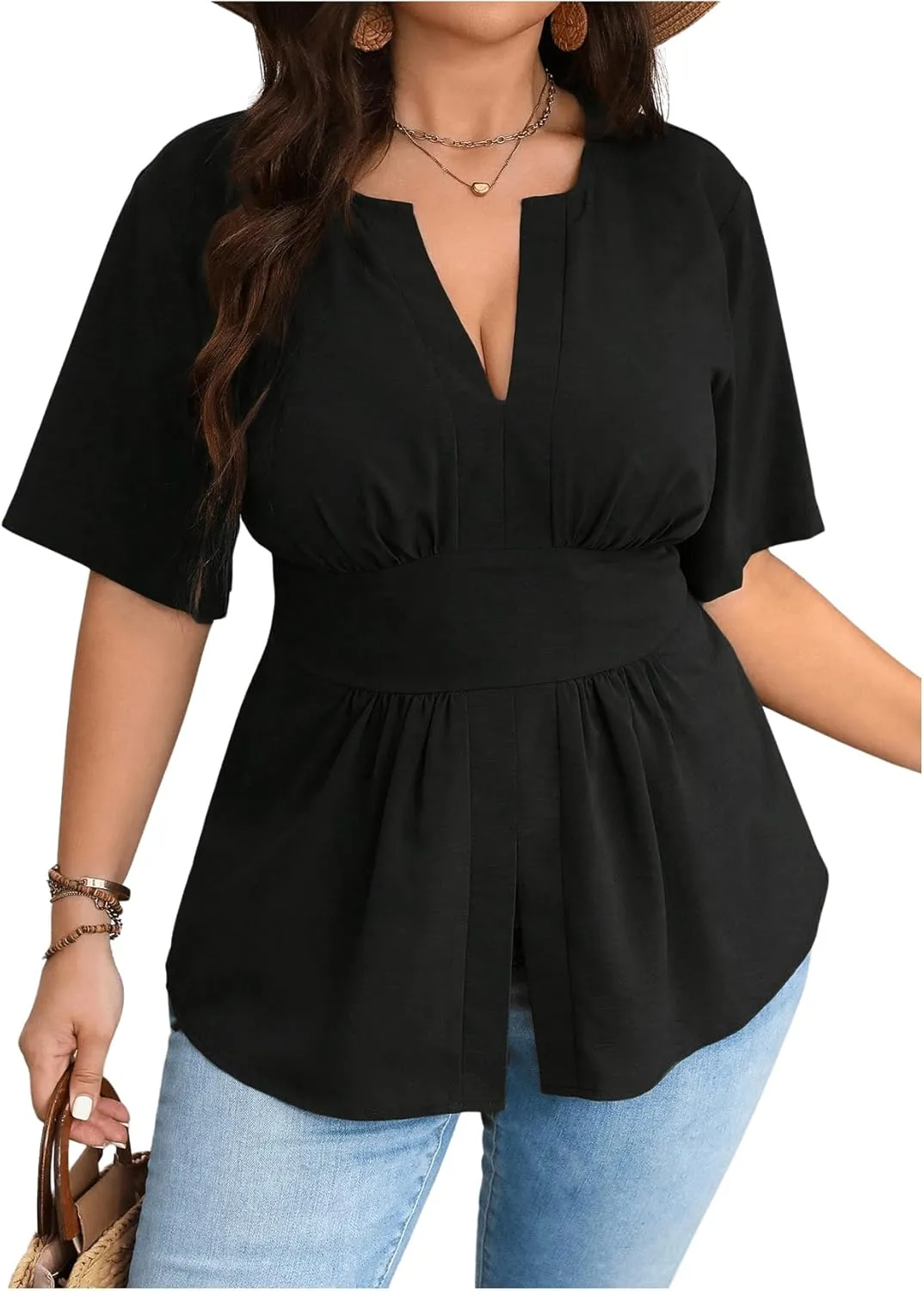 GORGLITTER Women's Plus Size Peplum Tops Short Sleeve V Neck Asymmetrical Blouse Shirts Summer Going Out Tops 2025