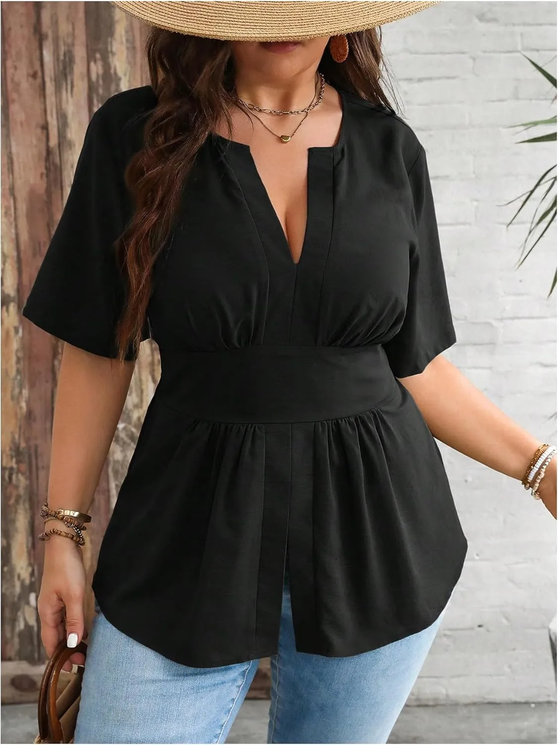 GORGLITTER Women's Plus Size Peplum Tops Short Sleeve V Neck Asymmetrical Blouse Shirts Summer Going Out Tops 2025
