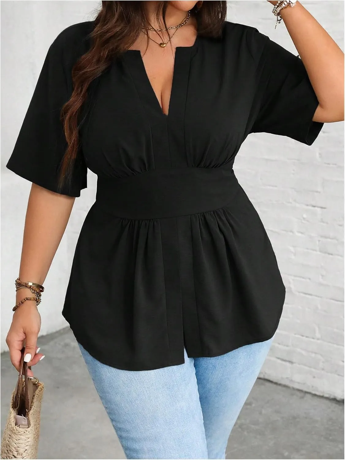 GORGLITTER Women's Plus Size Peplum Tops Short Sleeve V Neck Asymmetrical Blouse Shirts Summer Going Out Tops 2025
