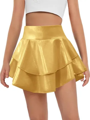 Haloumoning Girls Metallic Skater Skort Kids High Waisted Shiny Dance Scooter Skirt 4-14 Years