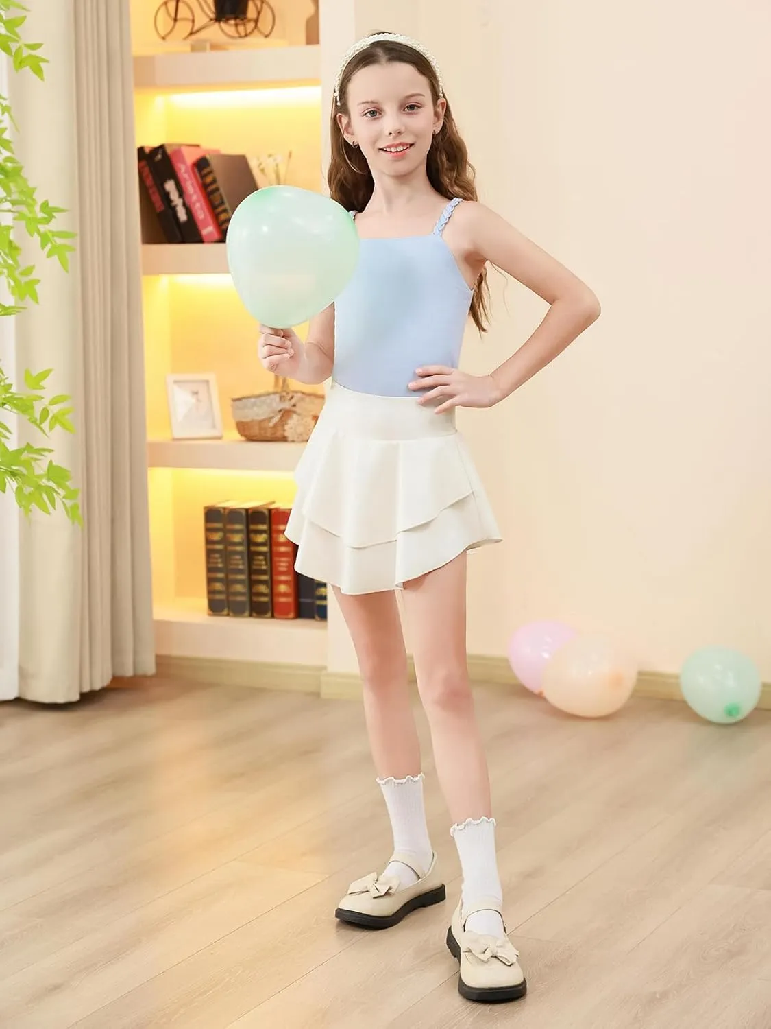 Haloumoning Girls Metallic Skater Skort Kids High Waisted Shiny Dance Scooter Skirt 4-14 Years