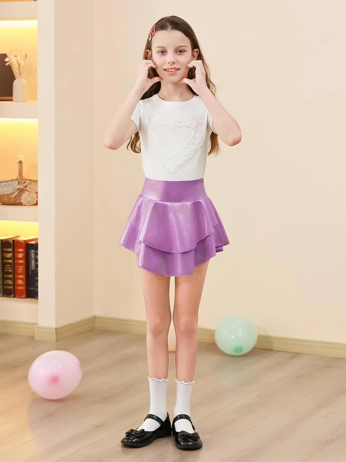 Haloumoning Girls Metallic Skater Skort Kids High Waisted Shiny Dance Scooter Skirt 4-14 Years