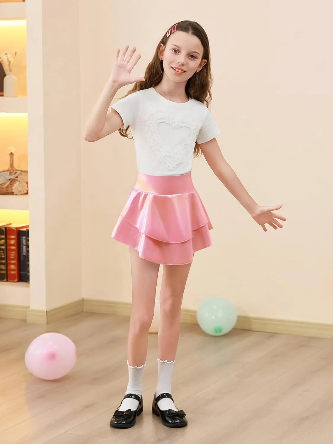 Haloumoning Girls Metallic Skater Skort Kids High Waisted Shiny Dance Scooter Skirt 4-14 Years