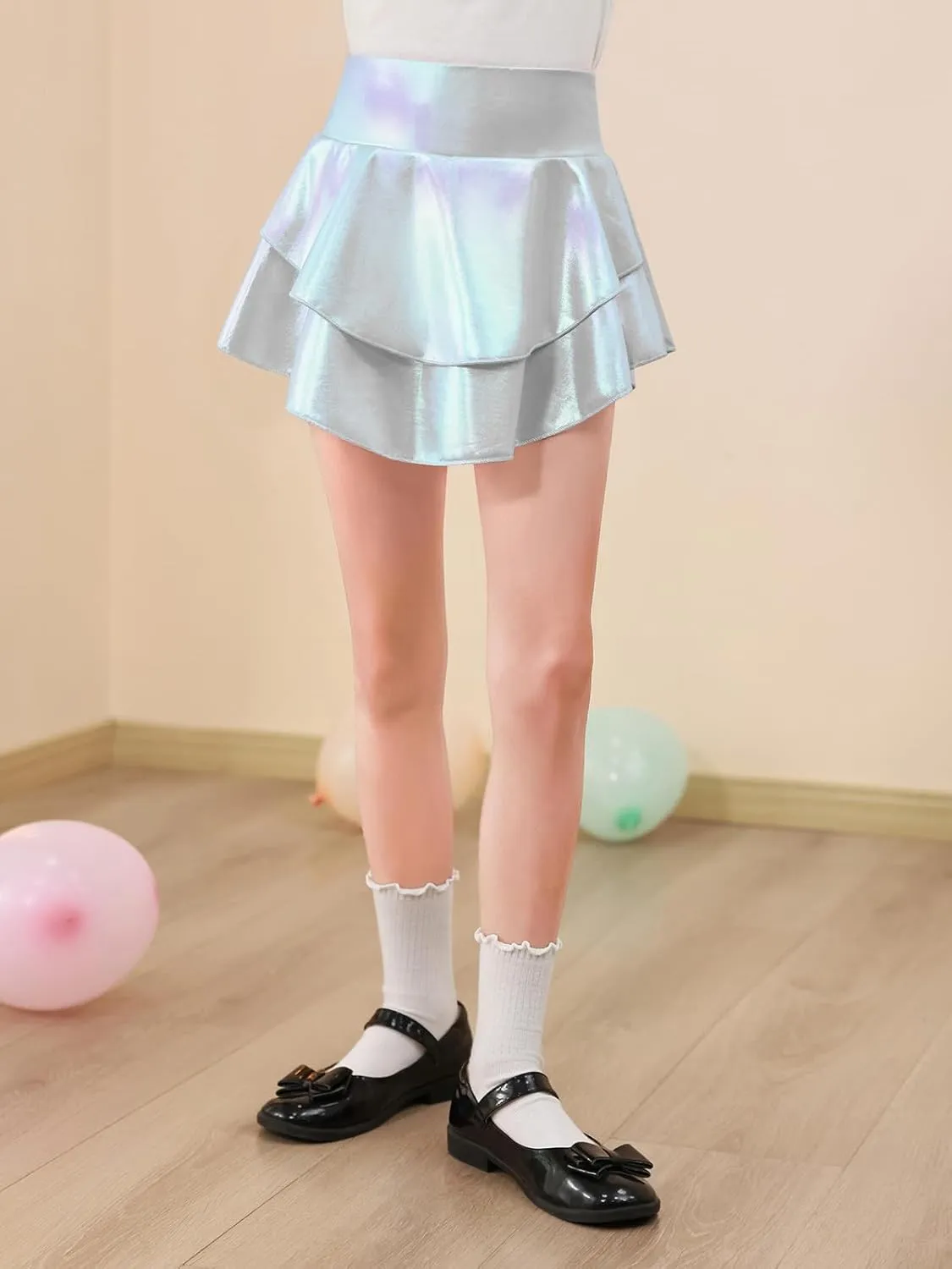 Haloumoning Girls Metallic Skater Skort Kids High Waisted Shiny Dance Scooter Skirt 4-14 Years