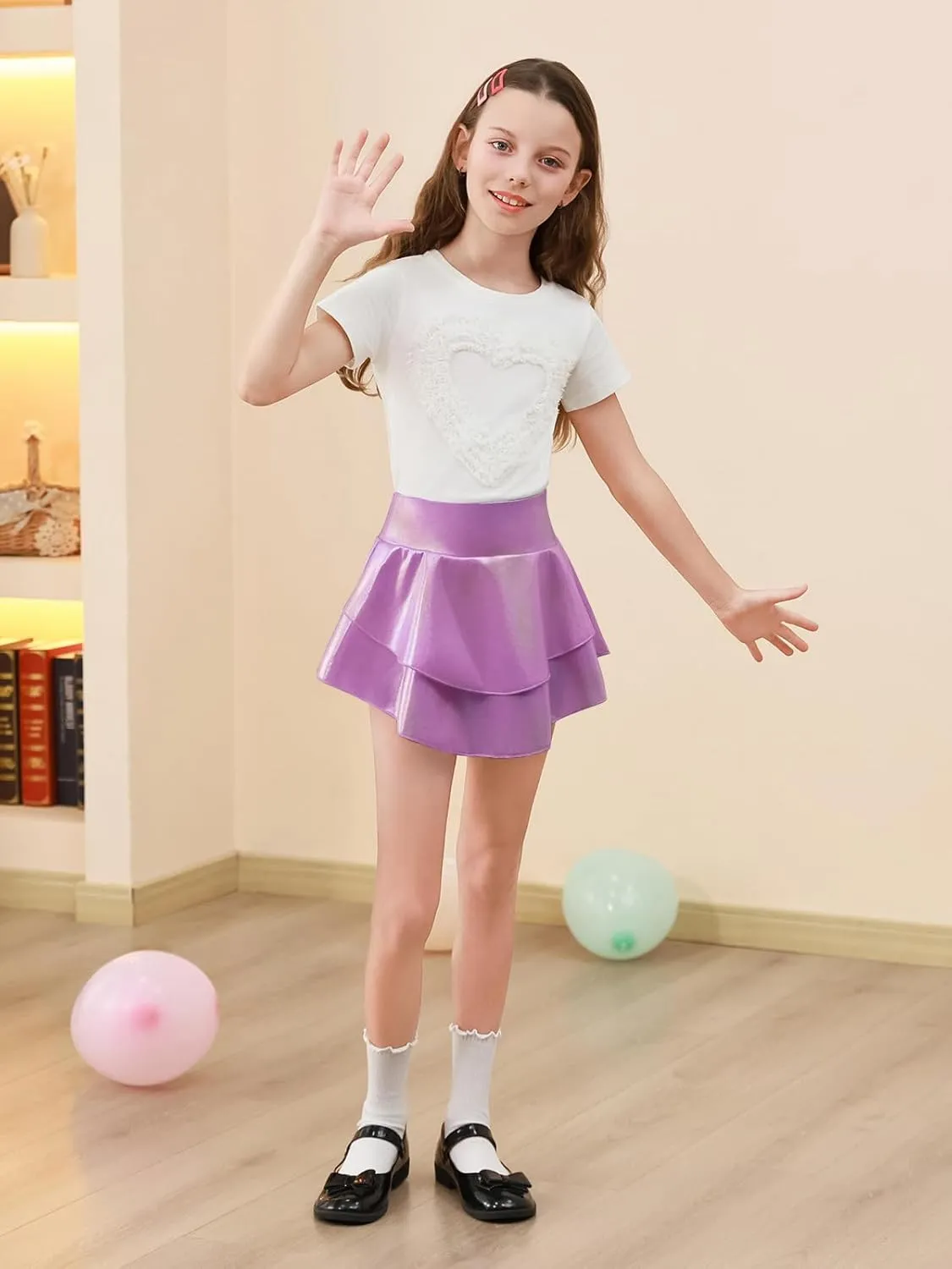 Haloumoning Girls Metallic Skater Skort Kids High Waisted Shiny Dance Scooter Skirt 4-14 Years