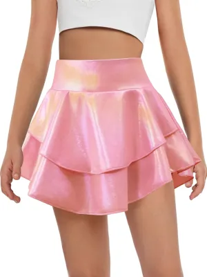Haloumoning Girls Metallic Skater Skort Kids High Waisted Shiny Dance Scooter Skirt 4-14 Years
