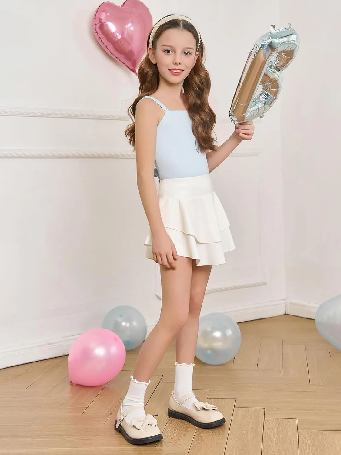 Haloumoning Girls Metallic Skater Skort Kids High Waisted Shiny Dance Scooter Skirt 4-14 Years