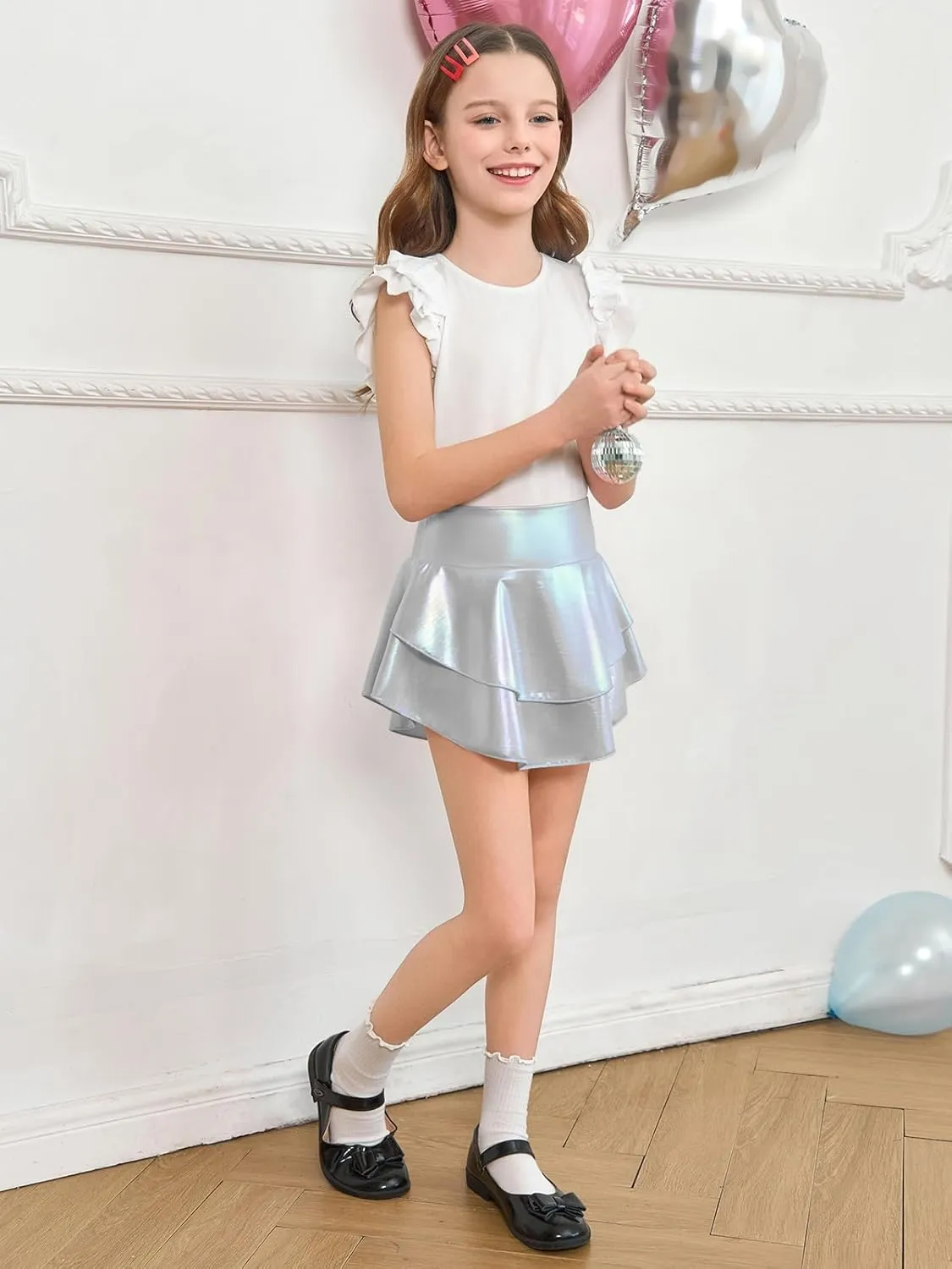 Haloumoning Girls Metallic Skater Skort Kids High Waisted Shiny Dance Scooter Skirt 4-14 Years