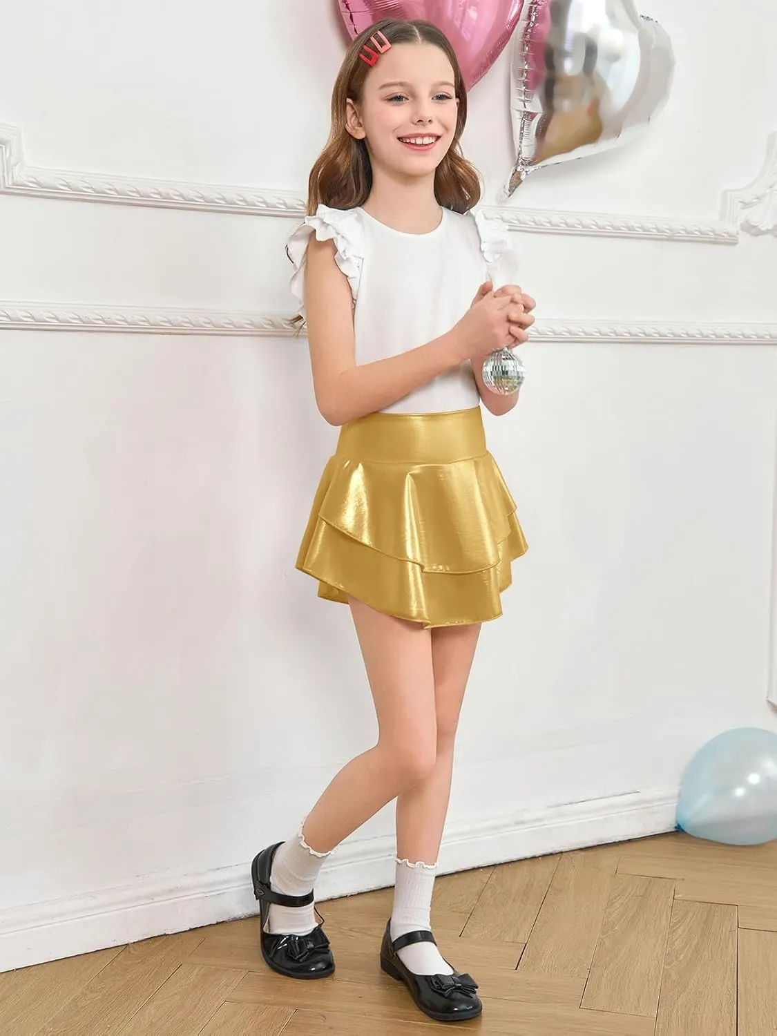 Haloumoning Girls Metallic Skater Skort Kids High Waisted Shiny Dance Scooter Skirt 4-14 Years