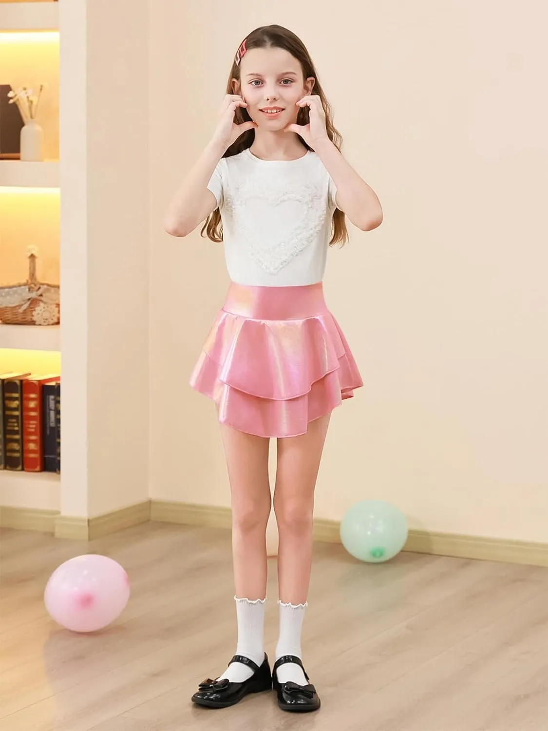 Haloumoning Girls Metallic Skater Skort Kids High Waisted Shiny Dance Scooter Skirt 4-14 Years