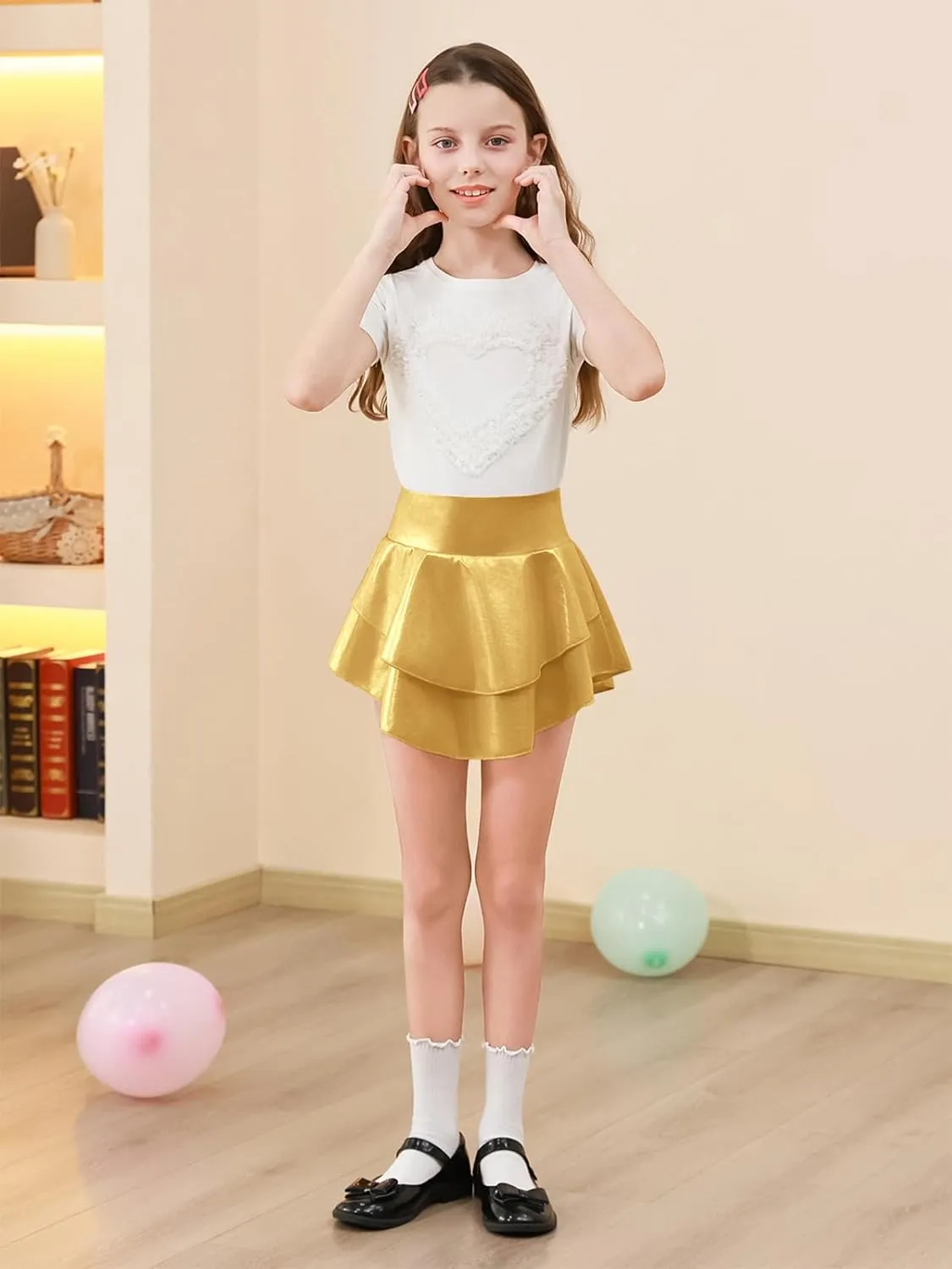 Haloumoning Girls Metallic Skater Skort Kids High Waisted Shiny Dance Scooter Skirt 4-14 Years