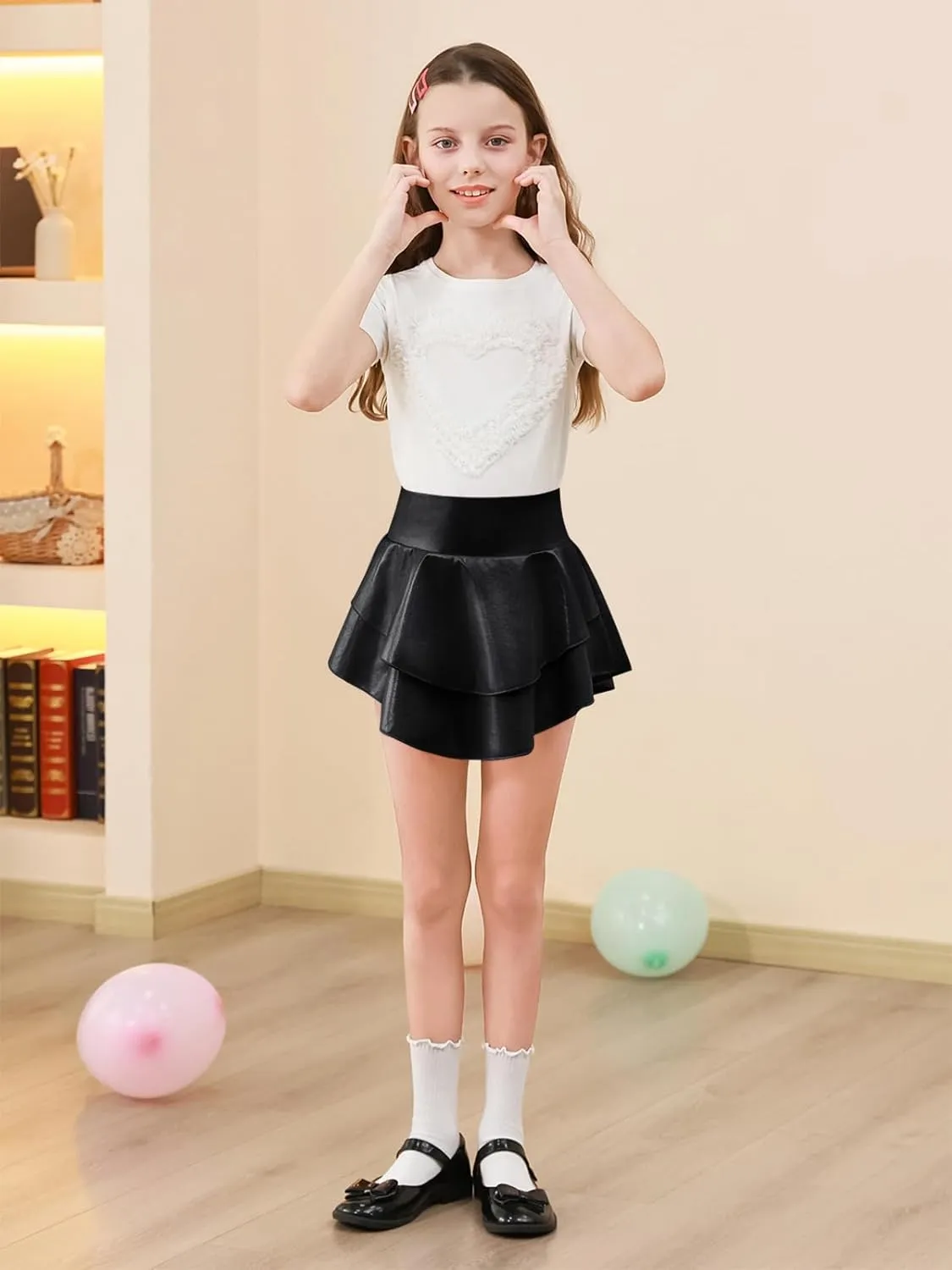 Haloumoning Girls Metallic Skater Skort Kids High Waisted Shiny Dance Scooter Skirt 4-14 Years
