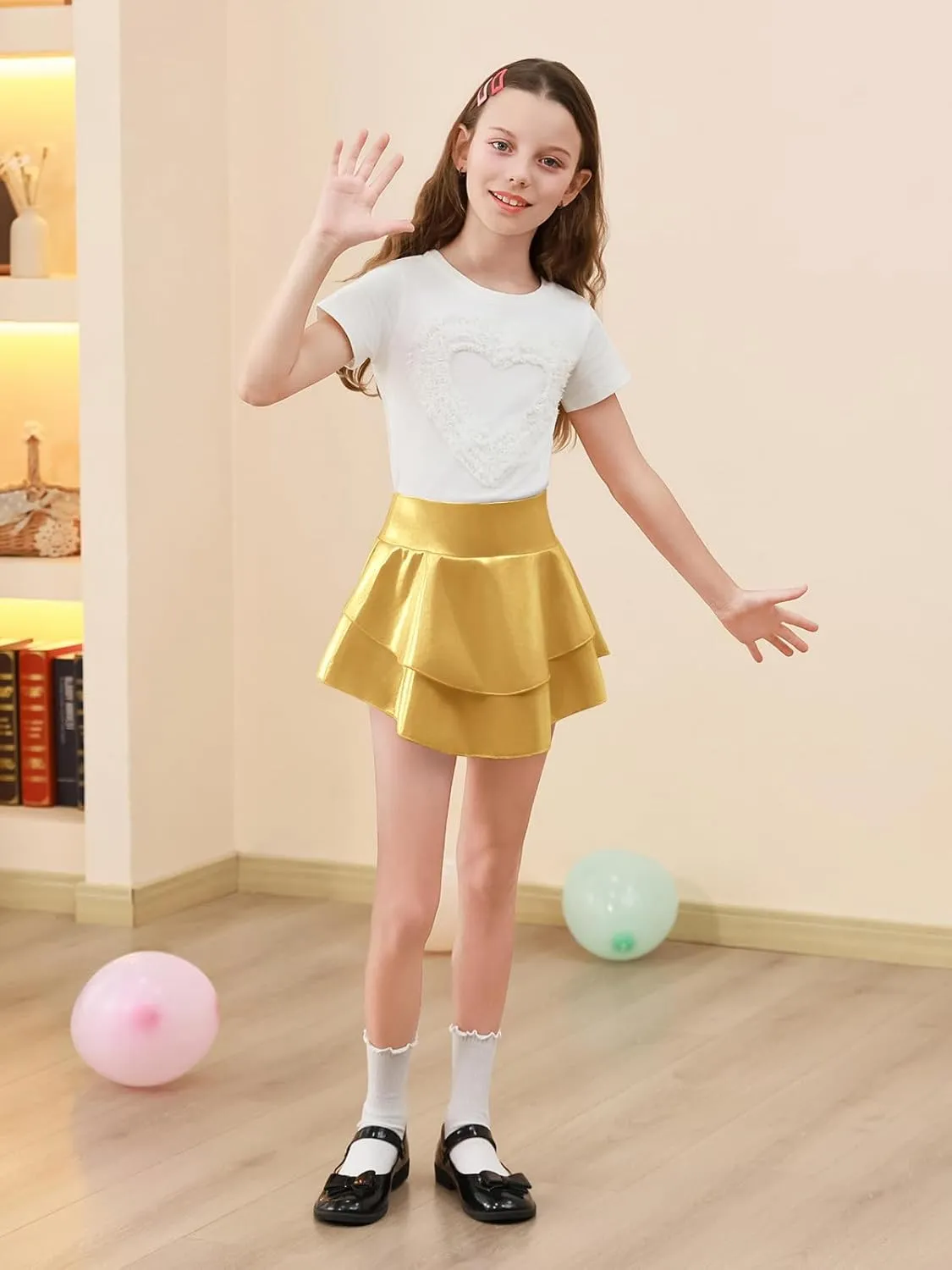Haloumoning Girls Metallic Skater Skort Kids High Waisted Shiny Dance Scooter Skirt 4-14 Years