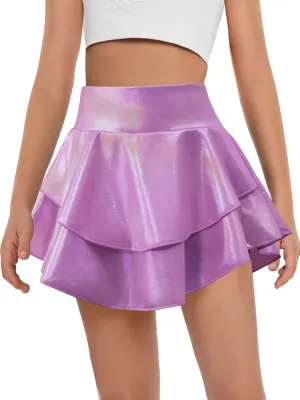 Haloumoning Girls Metallic Skater Skort Kids High Waisted Shiny Dance Scooter Skirt 4-14 Years