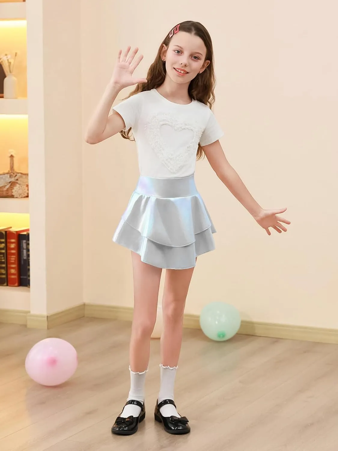Haloumoning Girls Metallic Skater Skort Kids High Waisted Shiny Dance Scooter Skirt 4-14 Years