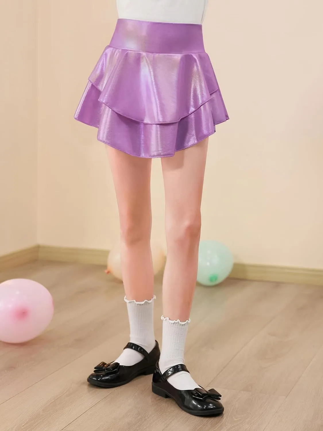 Haloumoning Girls Metallic Skater Skort Kids High Waisted Shiny Dance Scooter Skirt 4-14 Years