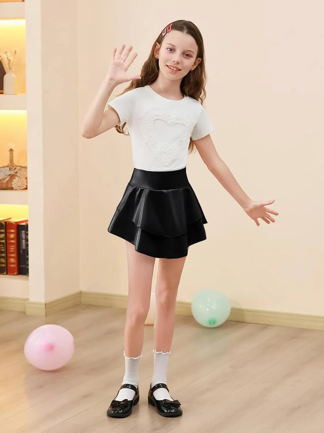 Haloumoning Girls Metallic Skater Skort Kids High Waisted Shiny Dance Scooter Skirt 4-14 Years