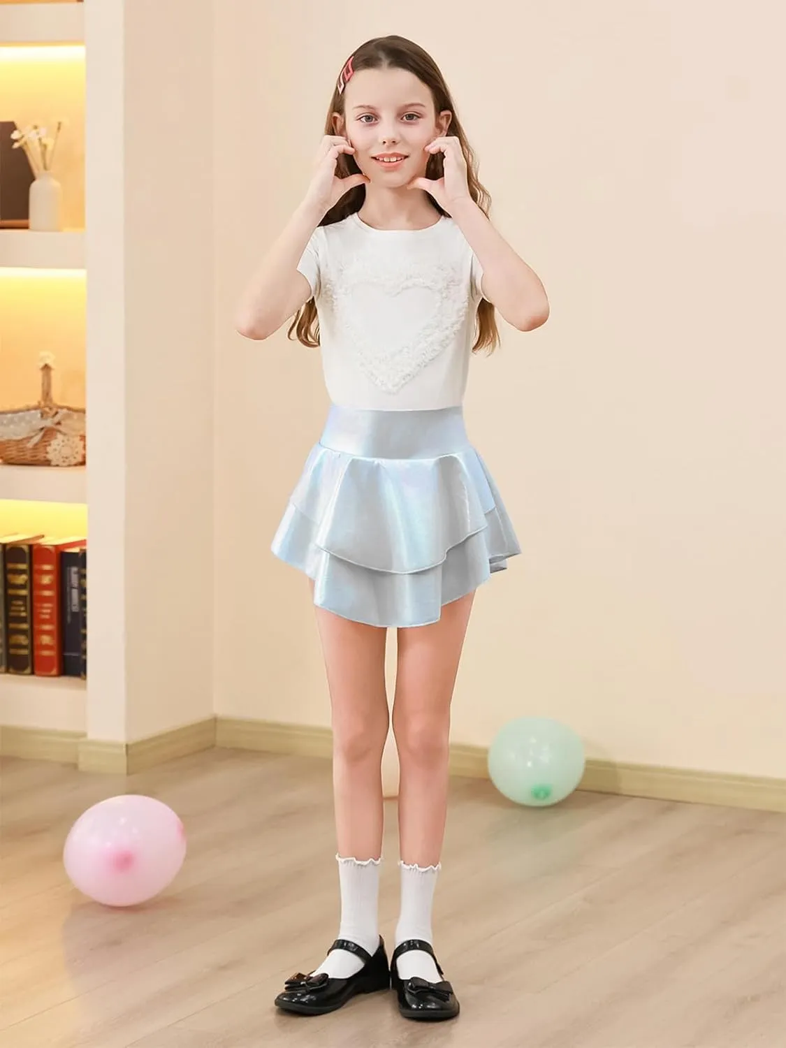 Haloumoning Girls Metallic Skater Skort Kids High Waisted Shiny Dance Scooter Skirt 4-14 Years