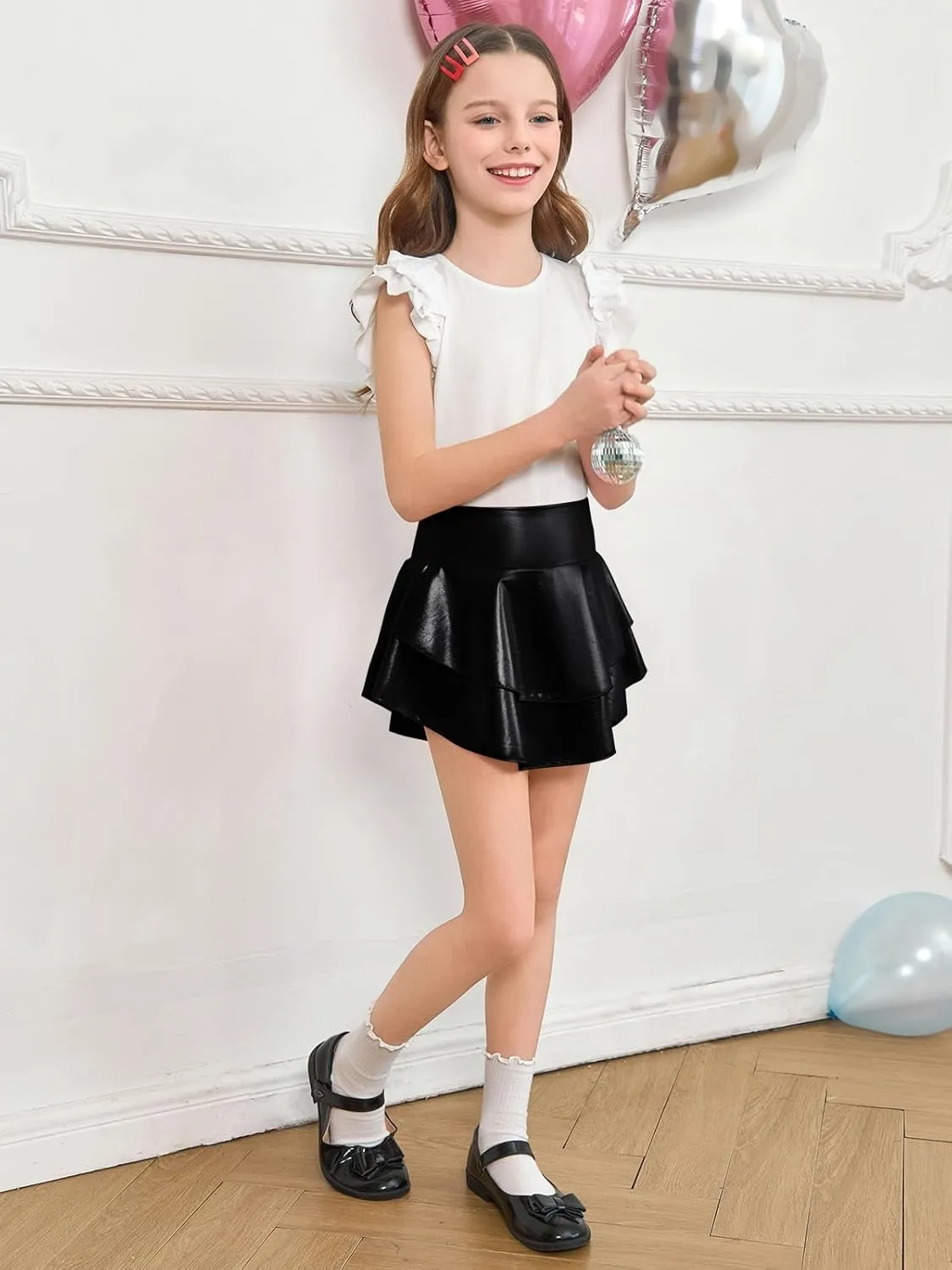 Haloumoning Girls Metallic Skater Skort Kids High Waisted Shiny Dance Scooter Skirt 4-14 Years
