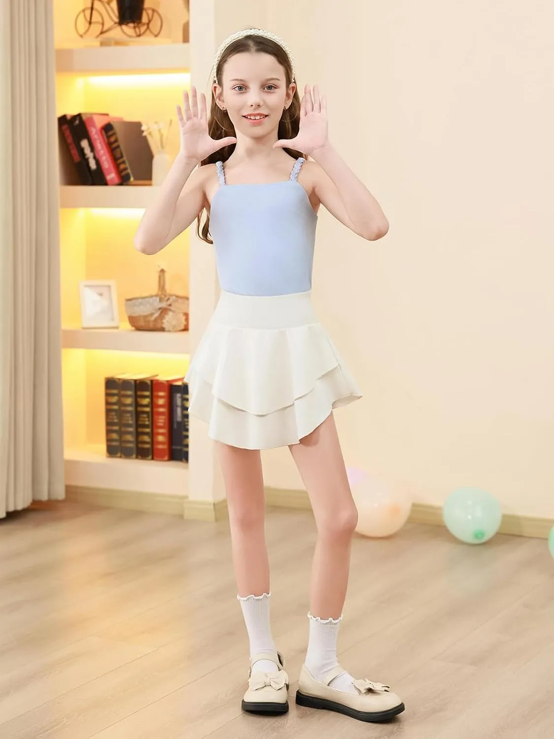Haloumoning Girls Metallic Skater Skort Kids High Waisted Shiny Dance Scooter Skirt 4-14 Years