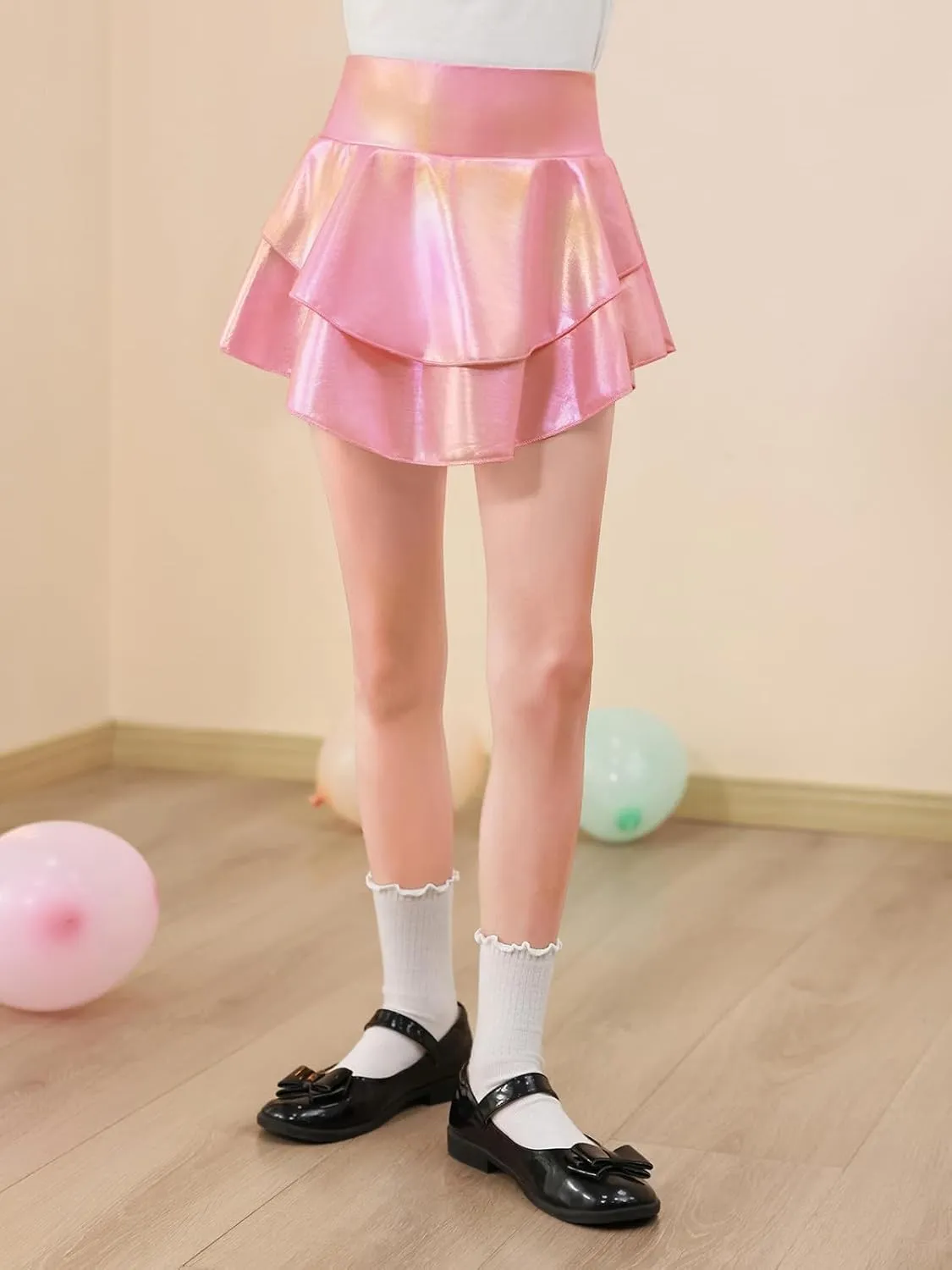 Haloumoning Girls Metallic Skater Skort Kids High Waisted Shiny Dance Scooter Skirt 4-14 Years