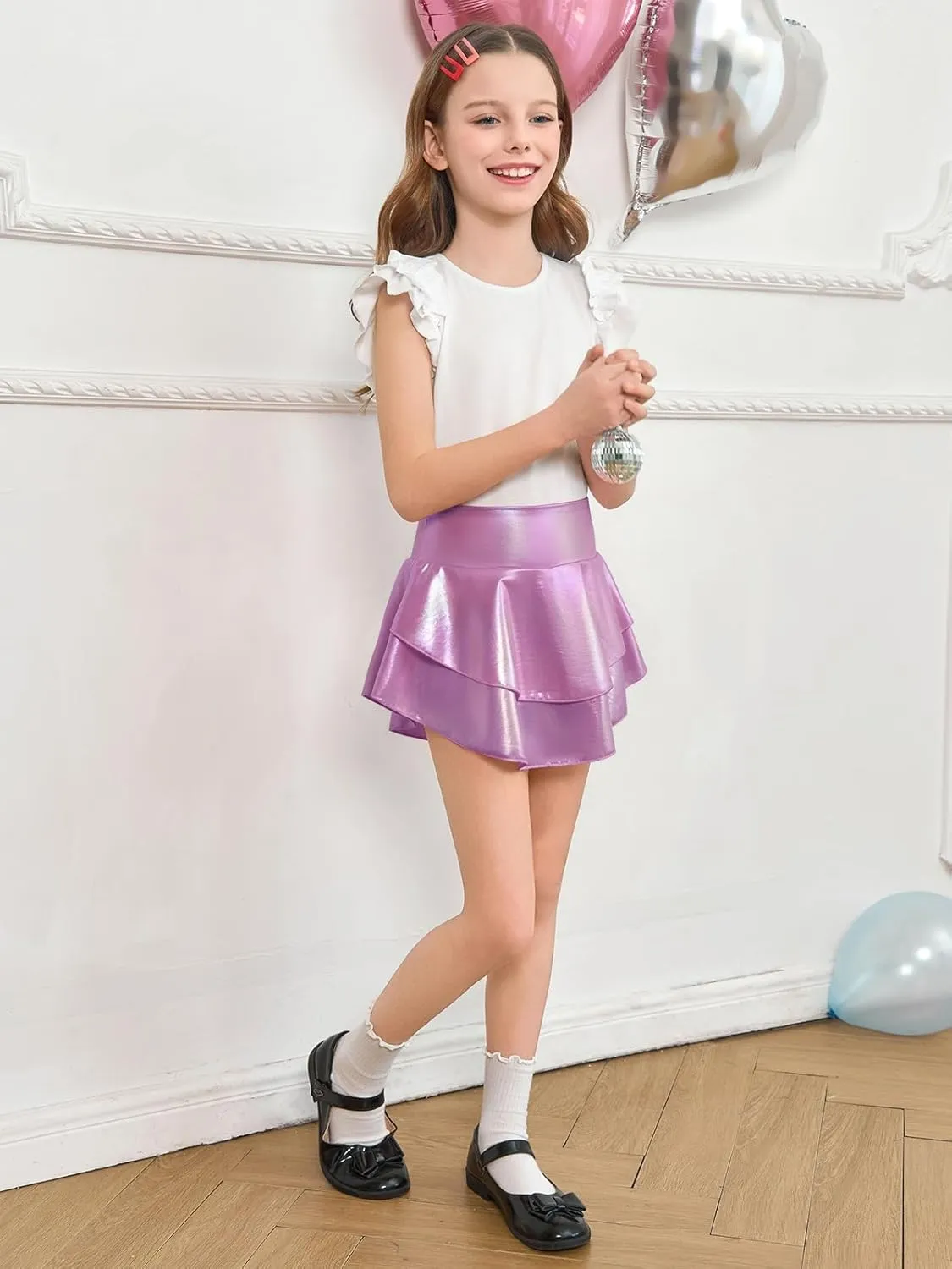 Haloumoning Girls Metallic Skater Skort Kids High Waisted Shiny Dance Scooter Skirt 4-14 Years