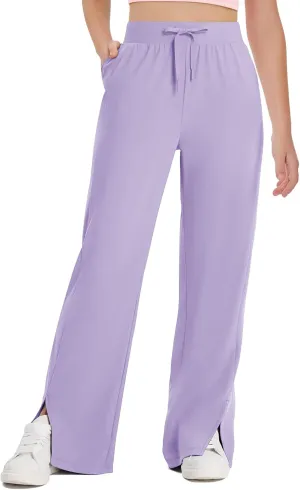Haloumoning Girls Wide Leg Yoga Pants Kids Dry Fit Drawstring Side Slit Trouser Pants 5-14 Years