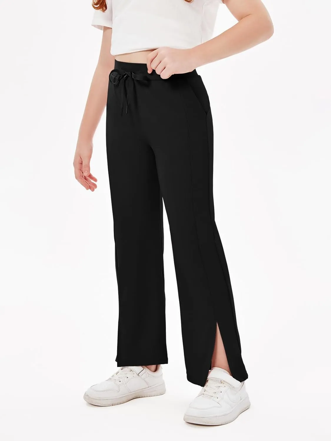 Haloumoning Girls Wide Leg Yoga Pants Kids Dry Fit Drawstring Side Slit Trouser Pants 5-14 Years