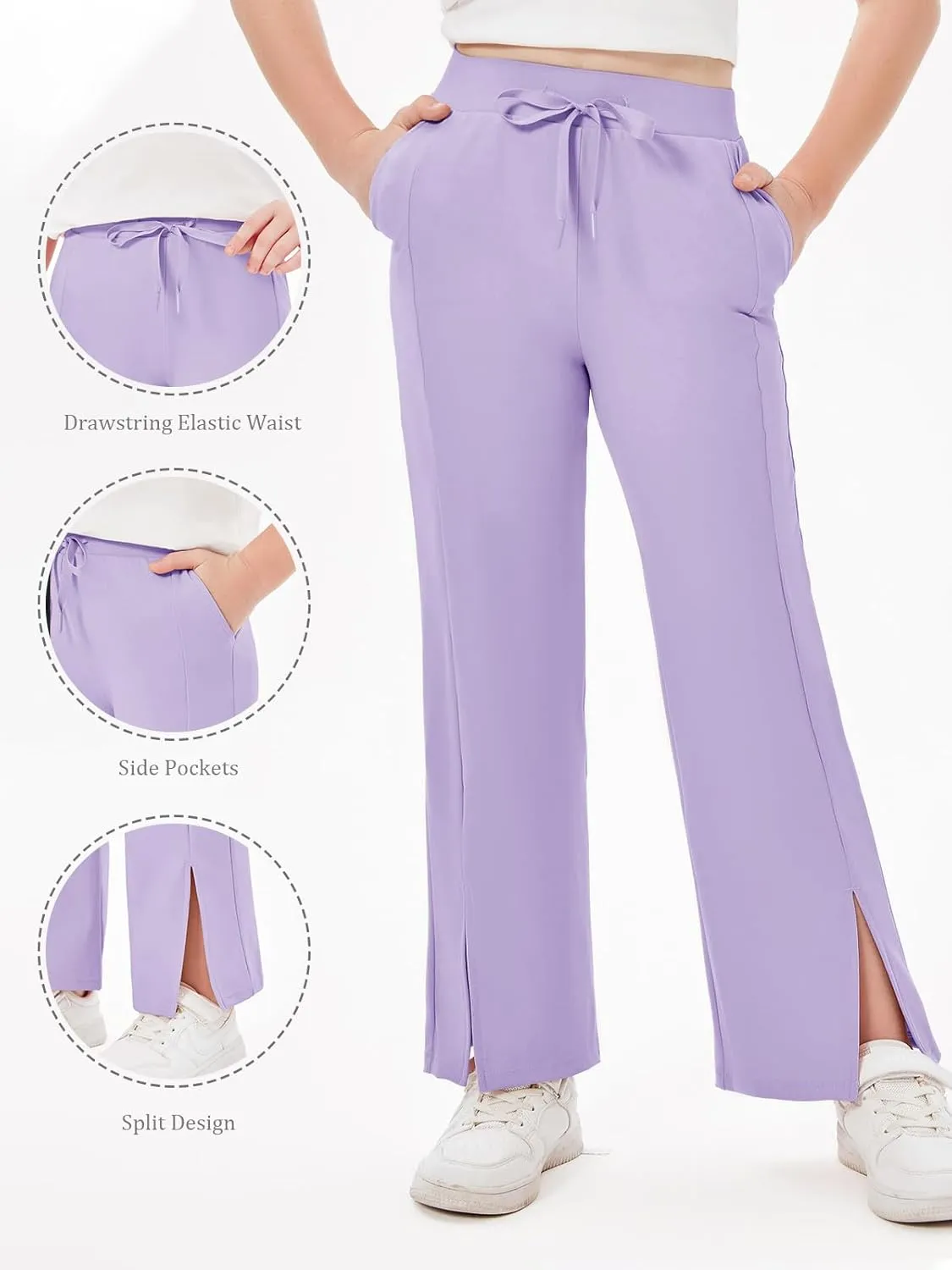 Haloumoning Girls Wide Leg Yoga Pants Kids Dry Fit Drawstring Side Slit Trouser Pants 5-14 Years