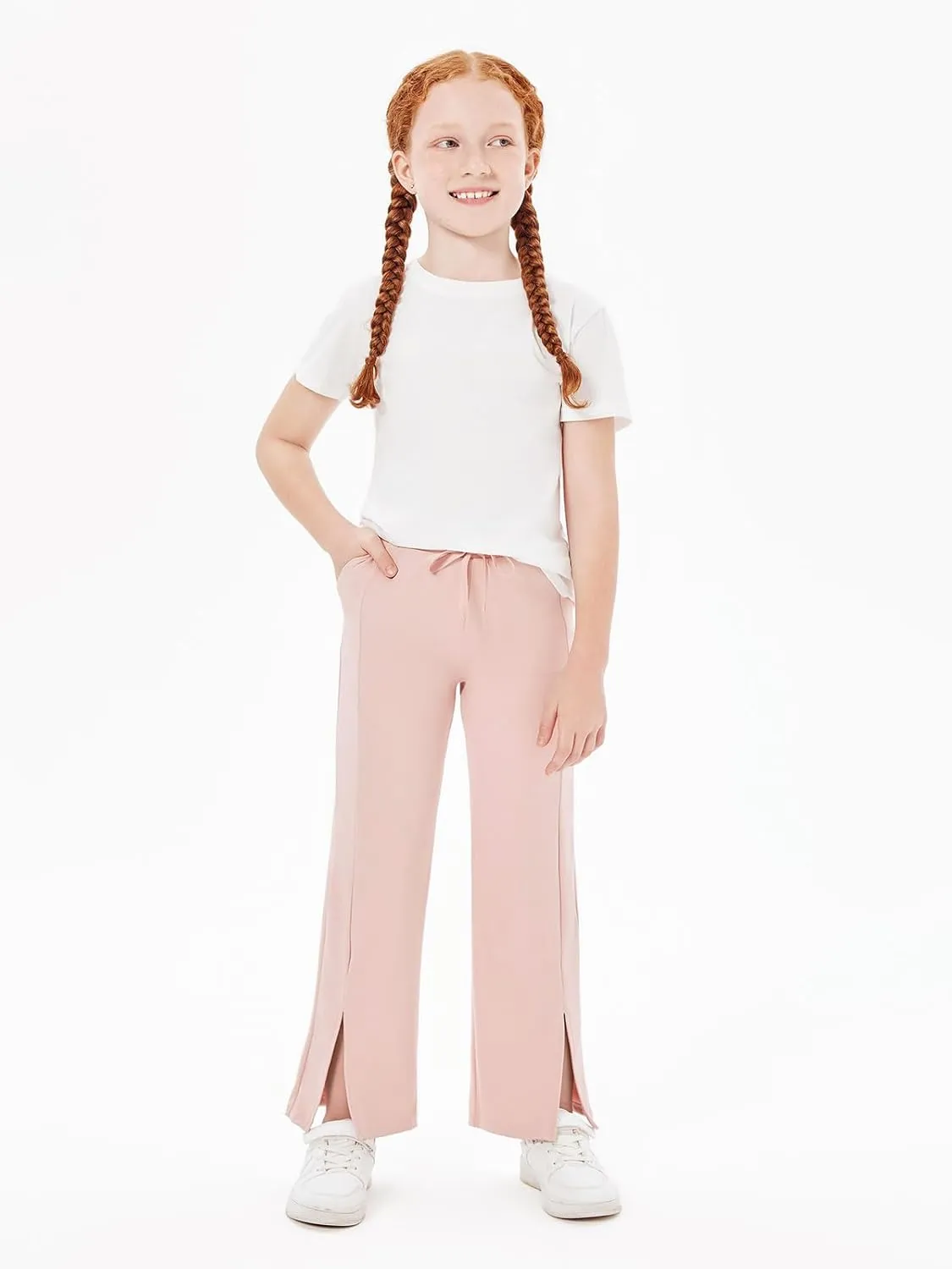 Haloumoning Girls Wide Leg Yoga Pants Kids Dry Fit Drawstring Side Slit Trouser Pants 5-14 Years