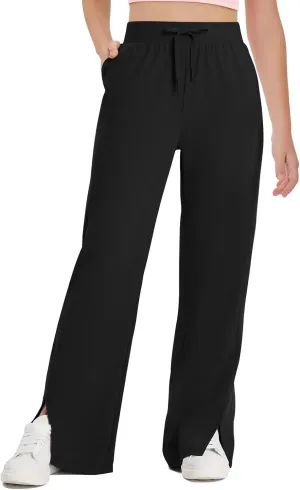Haloumoning Girls Wide Leg Yoga Pants Kids Dry Fit Drawstring Side Slit Trouser Pants 5-14 Years