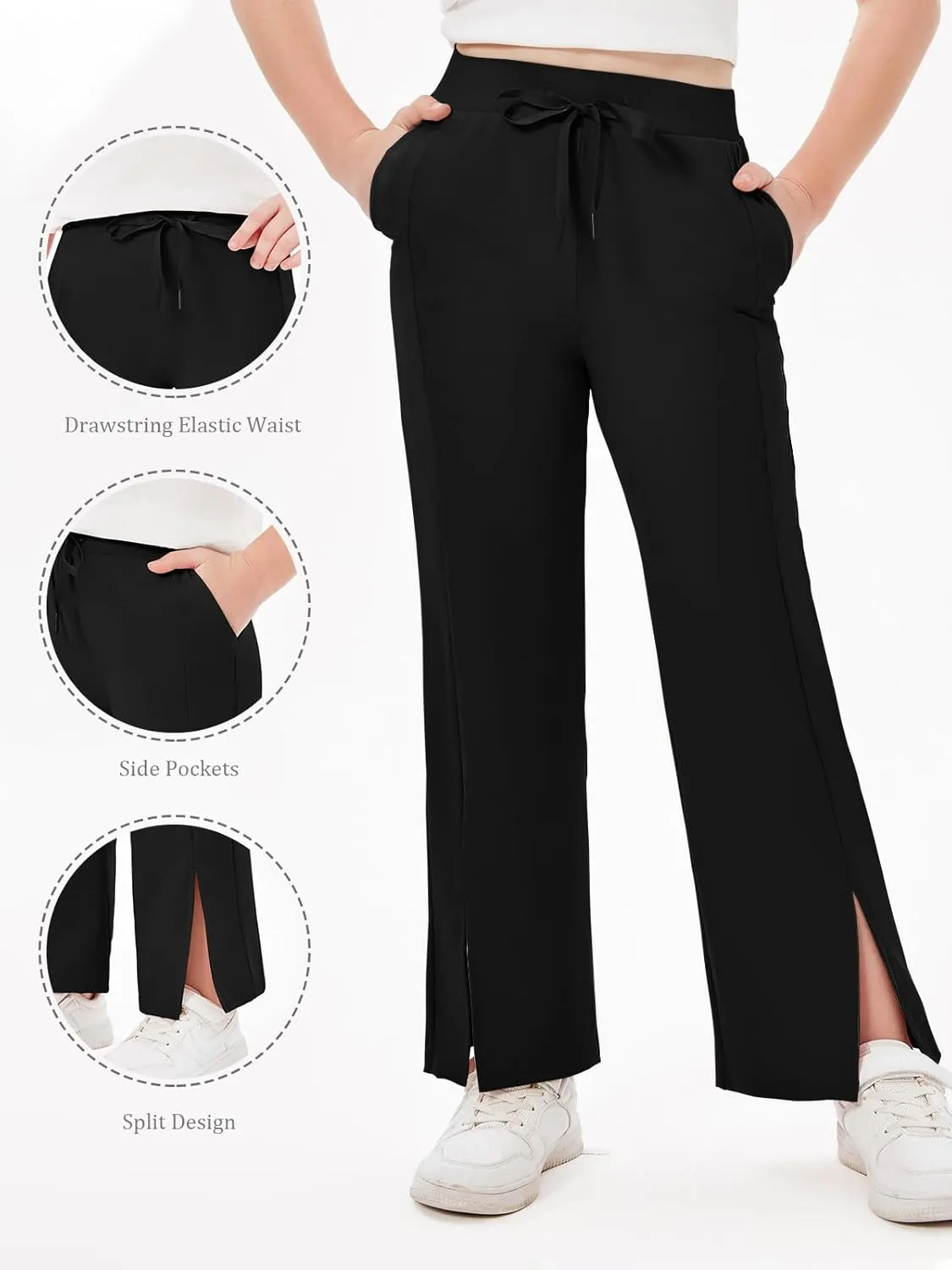Haloumoning Girls Wide Leg Yoga Pants Kids Dry Fit Drawstring Side Slit Trouser Pants 5-14 Years