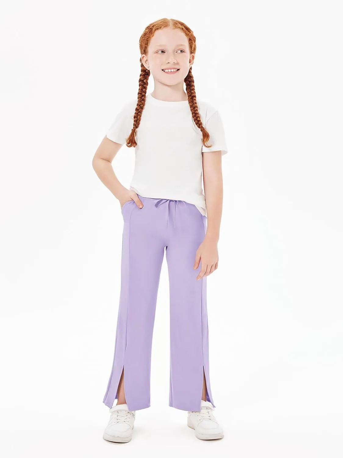 Haloumoning Girls Wide Leg Yoga Pants Kids Dry Fit Drawstring Side Slit Trouser Pants 5-14 Years