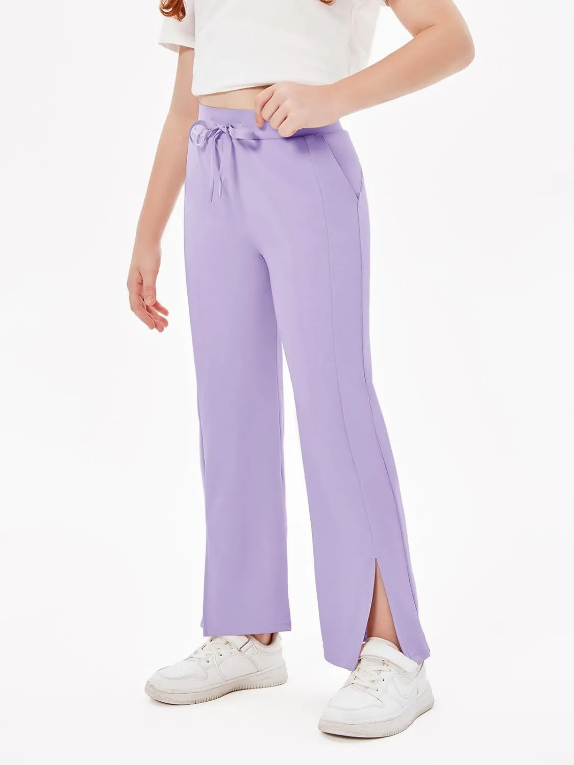 Haloumoning Girls Wide Leg Yoga Pants Kids Dry Fit Drawstring Side Slit Trouser Pants 5-14 Years