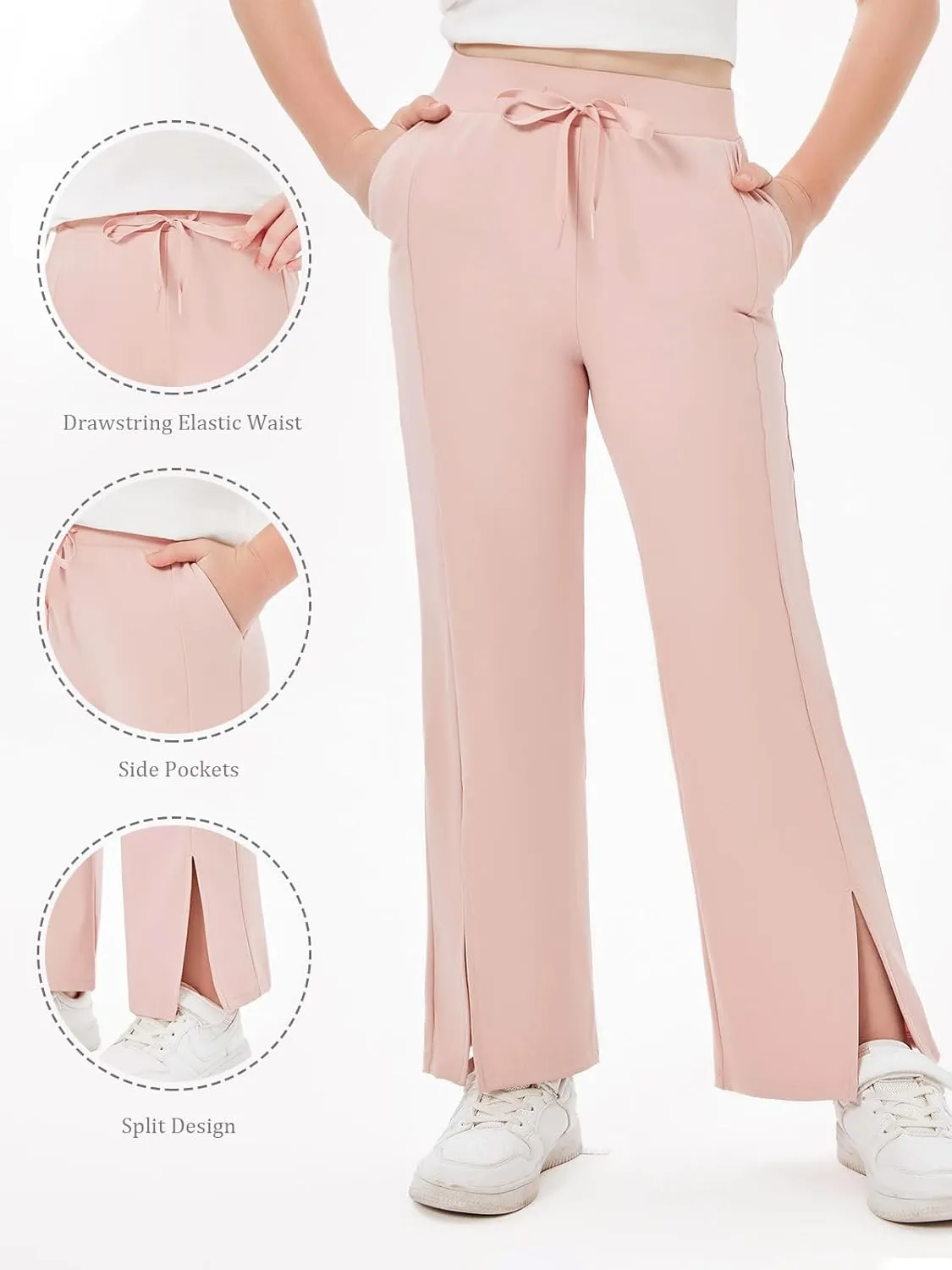 Haloumoning Girls Wide Leg Yoga Pants Kids Dry Fit Drawstring Side Slit Trouser Pants 5-14 Years