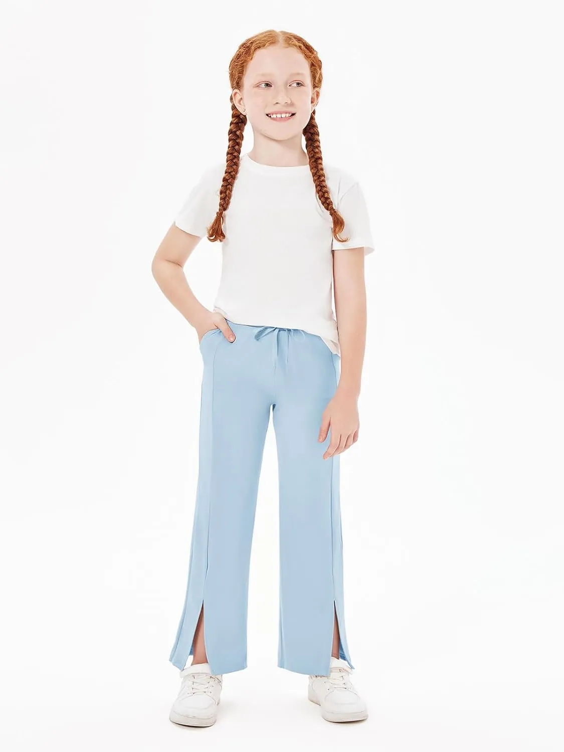 Haloumoning Girls Wide Leg Yoga Pants Kids Dry Fit Drawstring Side Slit Trouser Pants 5-14 Years