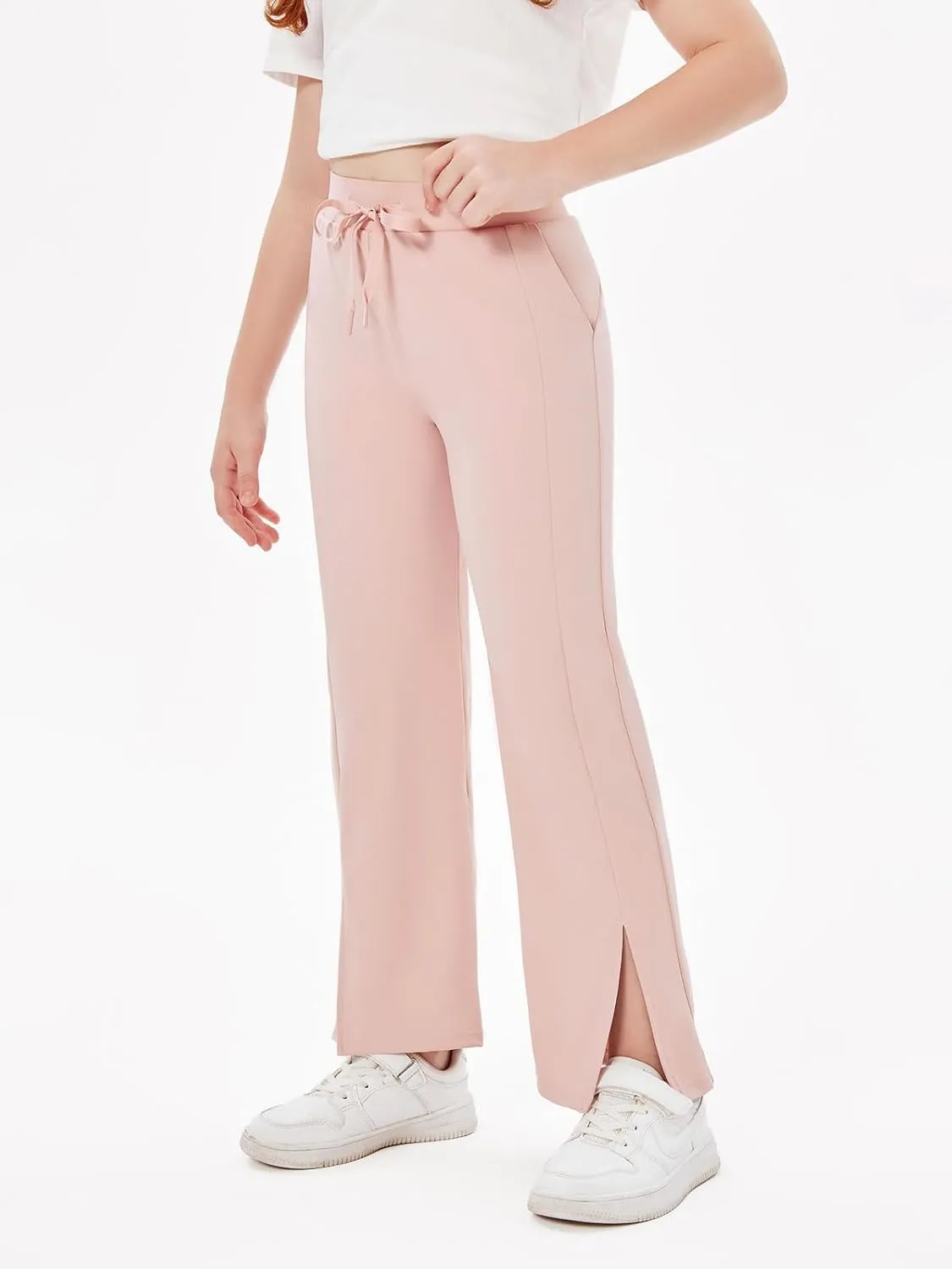 Haloumoning Girls Wide Leg Yoga Pants Kids Dry Fit Drawstring Side Slit Trouser Pants 5-14 Years
