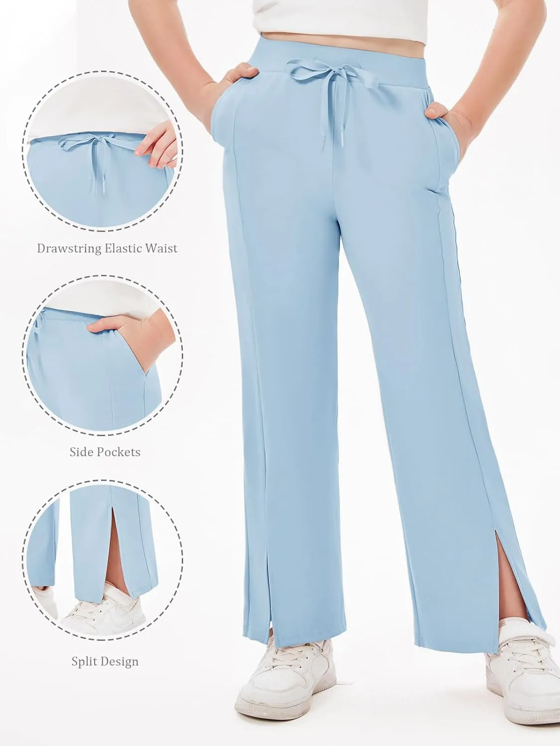 Haloumoning Girls Wide Leg Yoga Pants Kids Dry Fit Drawstring Side Slit Trouser Pants 5-14 Years