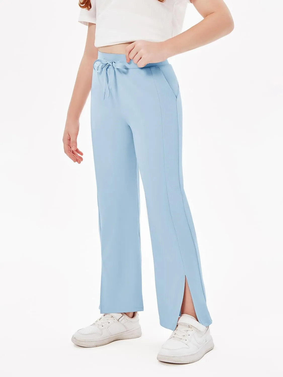 Haloumoning Girls Wide Leg Yoga Pants Kids Dry Fit Drawstring Side Slit Trouser Pants 5-14 Years