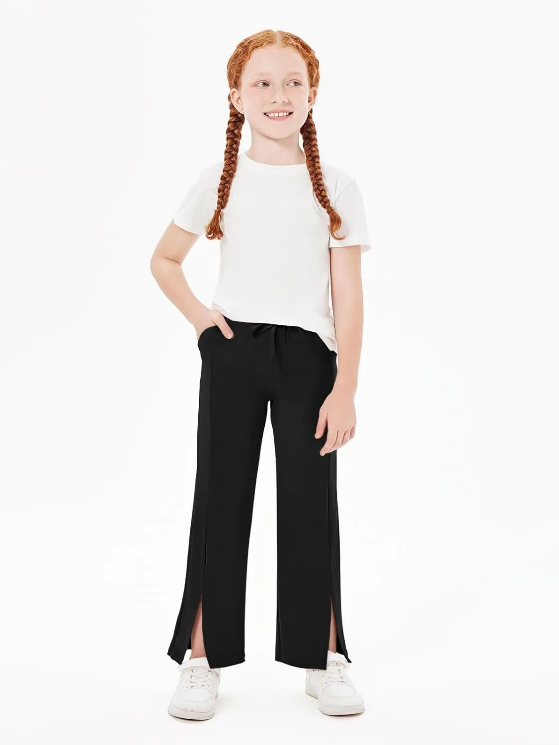 Haloumoning Girls Wide Leg Yoga Pants Kids Dry Fit Drawstring Side Slit Trouser Pants 5-14 Years