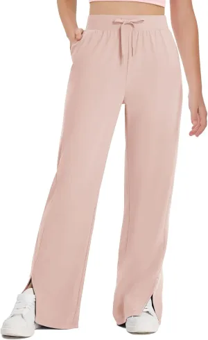 Haloumoning Girls Wide Leg Yoga Pants Kids Dry Fit Drawstring Side Slit Trouser Pants 5-14 Years