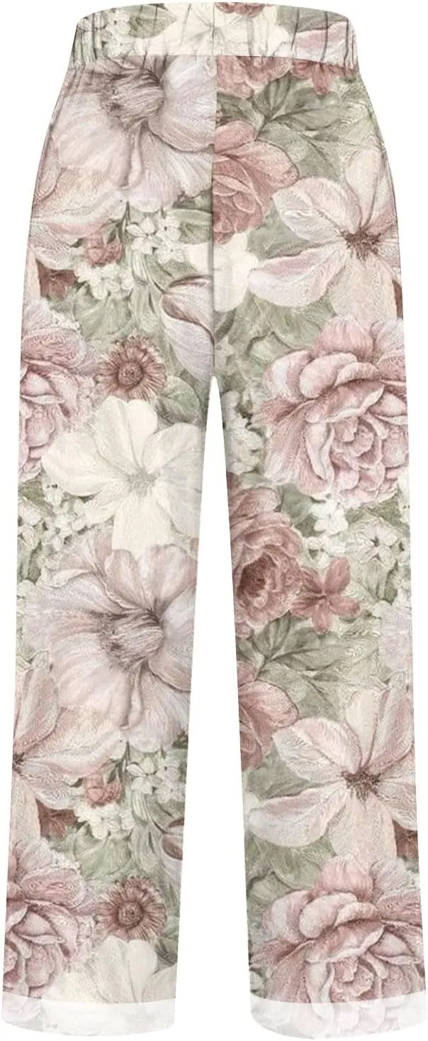 Hawaii Capri Pants for Women Casual Tropical Floral Print Pants Elastic High Waist Drawstring Summer Beach Trousers