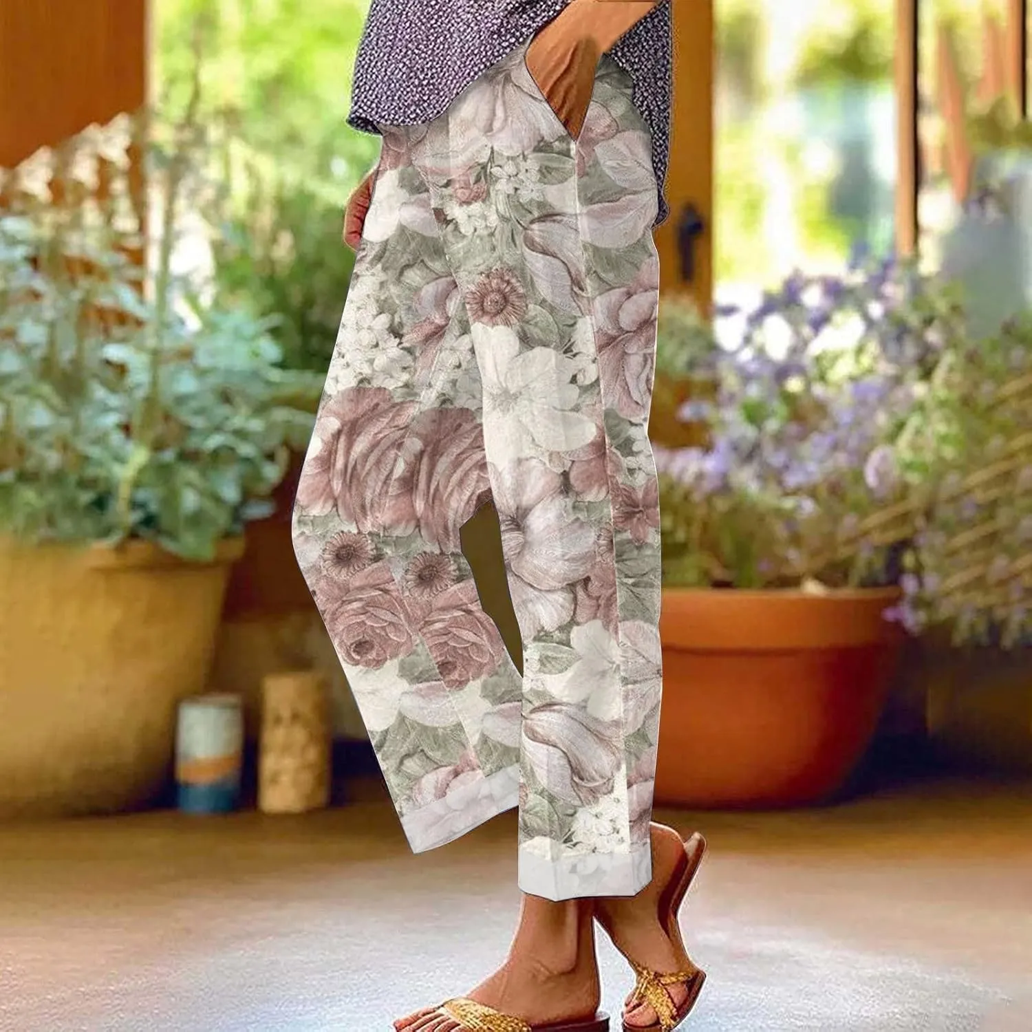 Hawaii Capri Pants for Women Casual Tropical Floral Print Pants Elastic High Waist Drawstring Summer Beach Trousers