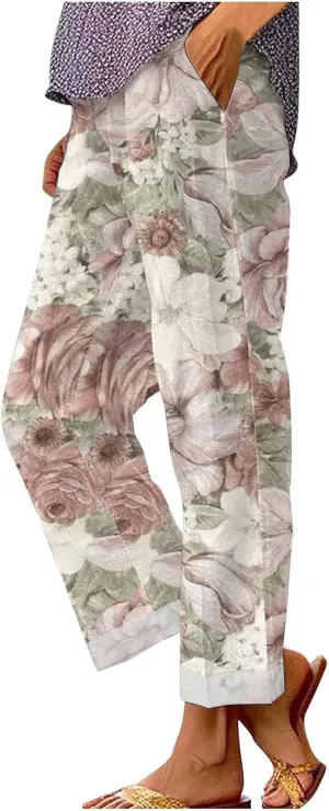 Hawaii Capri Pants for Women Casual Tropical Floral Print Pants Elastic High Waist Drawstring Summer Beach Trousers