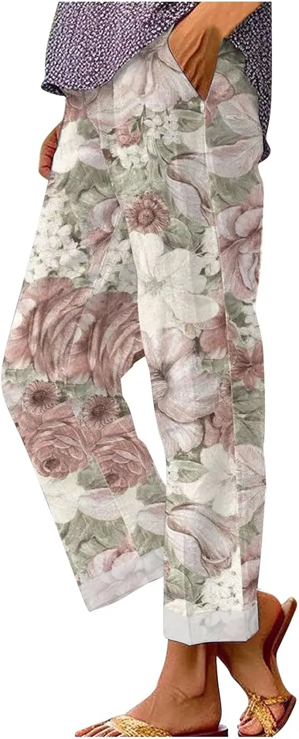 Hawaii Capri Pants for Women Casual Tropical Floral Print Pants Elastic High Waist Drawstring Summer Beach Trousers