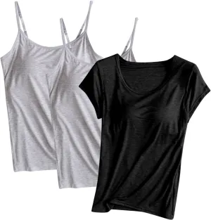 HGps8w Women's Adjustable Spaghetti Strap Shelf Bra Camisoles Tops Basic Bulit-in Bra Short Sleeve Modal T-Shirt Pack of 3