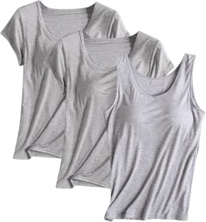HGps8w Women's Modal 2Pcs Self Bra Short Sleeve T-Shirt with 1Pc Bulit-in Bra Basic Solid Tank Tops Undershirt (Mix Styles)
