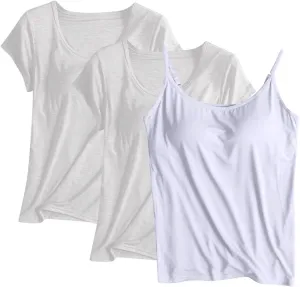 HGps8w Women's Modal 2Pcs Self Bra Short Sleeve T-Shirt with 1Pc Bulit-in Bra Basic Solid Tank Tops Undershirt (Mix Styles)