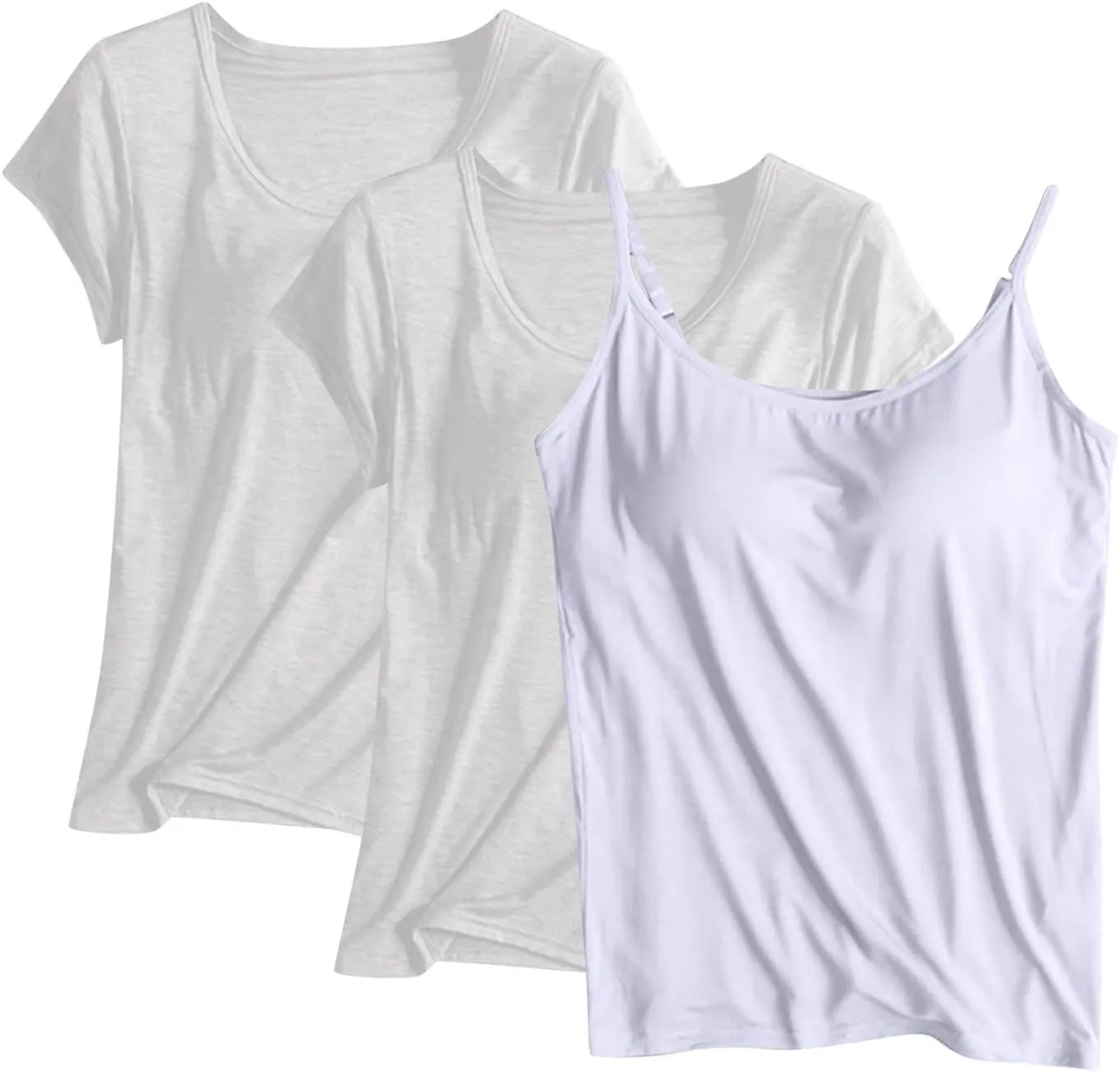 HGps8w Women's Modal 2Pcs Self Bra Short Sleeve T-Shirt with 1Pc Bulit-in Bra Basic Solid Tank Tops Undershirt (Mix Styles)