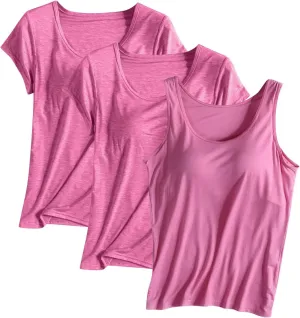 HGps8w Women's Modal 2Pcs Self Bra Short Sleeve T-Shirt with 1Pc Bulit-in Bra Basic Solid Tank Tops Undershirt (Mix Styles)